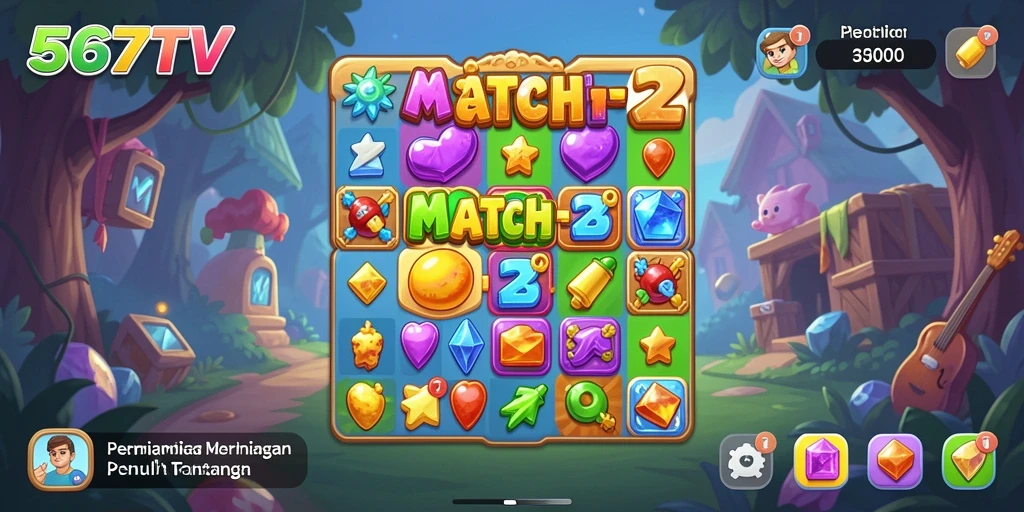 Gameplay seru 567TV dengan mencocokkan batu permata berwarna.