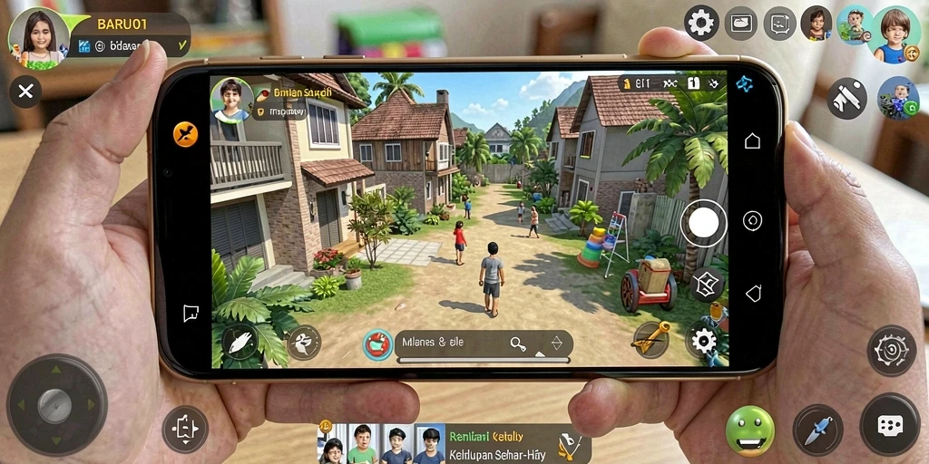 Tampilan gameplay BARU01 yang menampilkan aktivitas sehari-hari yang menarik.