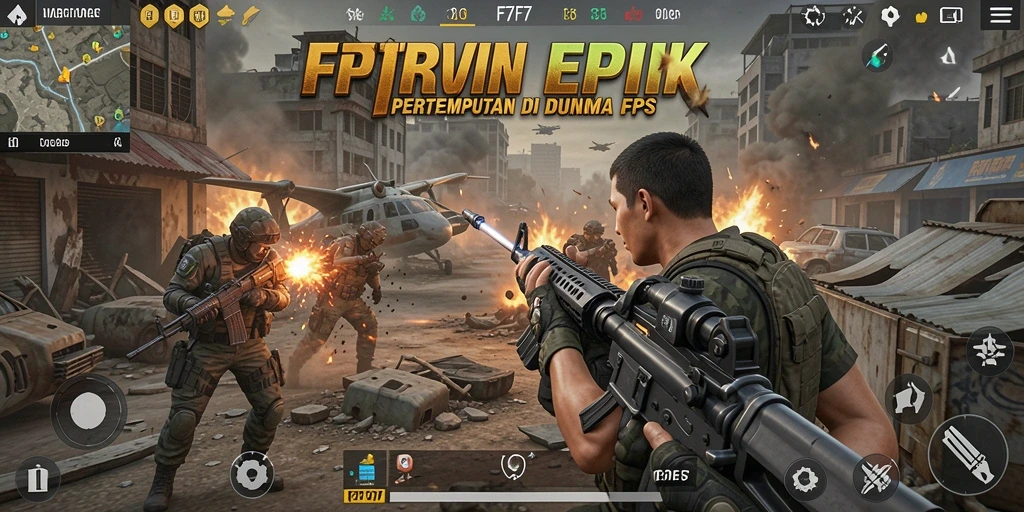 Screenshot F7F7 menampilkan aksi pertempuran intens di lingkungan urban.
