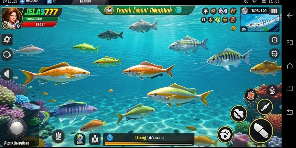 Tampilan gameplay seru dari JELAS777 dengan berbagai jenis ikan.