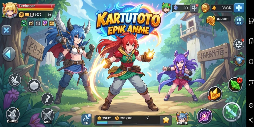 Tampilan gameplay KARTUTOTO yang penuh warna dan karakter anime yang menarik.
