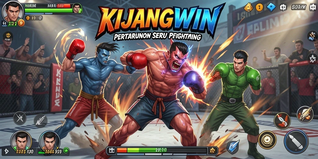 Screenshot KIJANGWIN menunjukkan pertarungan seru dengan karakter yang bergerak dinamis.