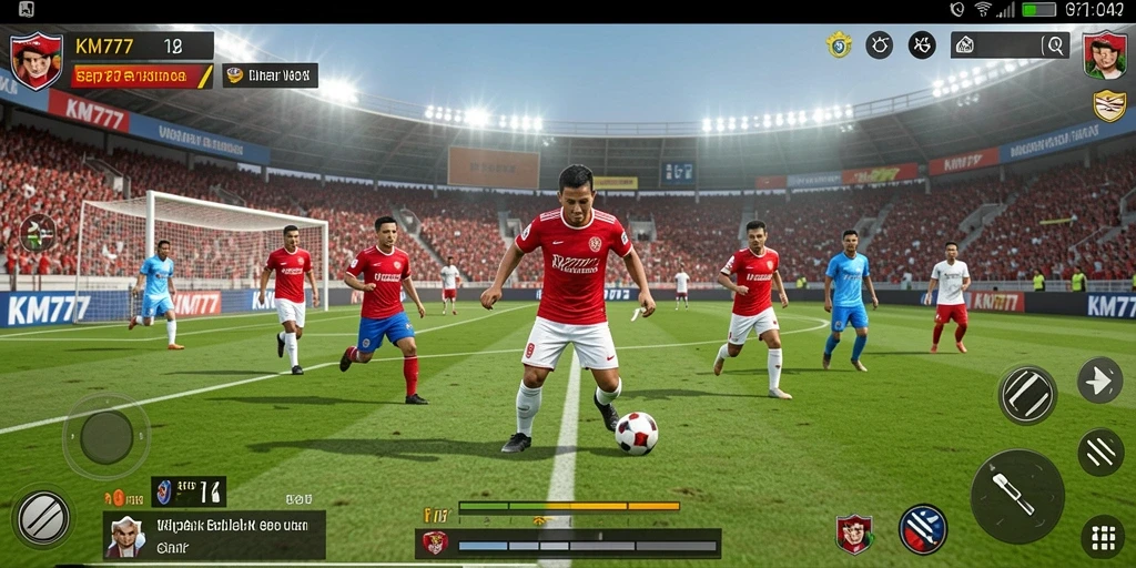 Screenshot gameplay KM777 menampilkan aksi seru di lapangan sepak bola.