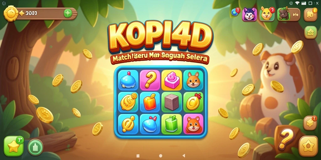 Screenshot utama KOPI4D, menampilkan gameplay mencocokkan biji kopi yang seru.