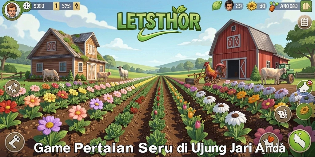 Tangkapan layar gameplay LETSTHOR menampilkan pertanian yang menawan dan hewan peliharaan lucu.
