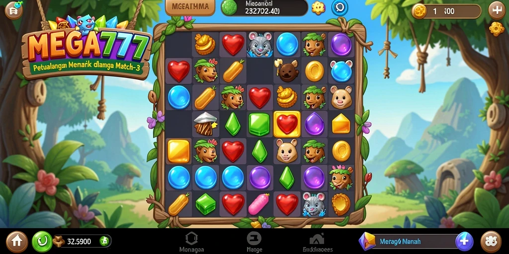 Tampilan gameplay seru MEGA777 dengan elemen Match-3 yang berwarna-warni.