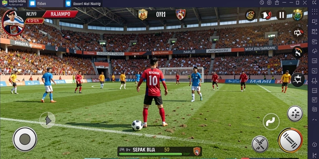 Tampilan gameplay seru RAJAMPO dengan aksi sepak bola yang mendebarkan.