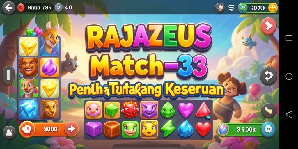 Tangkapan layar gameplay <strong>RAJAZEUS</strong> menunjukkan aksi cocokkan tiga yang menarik.
