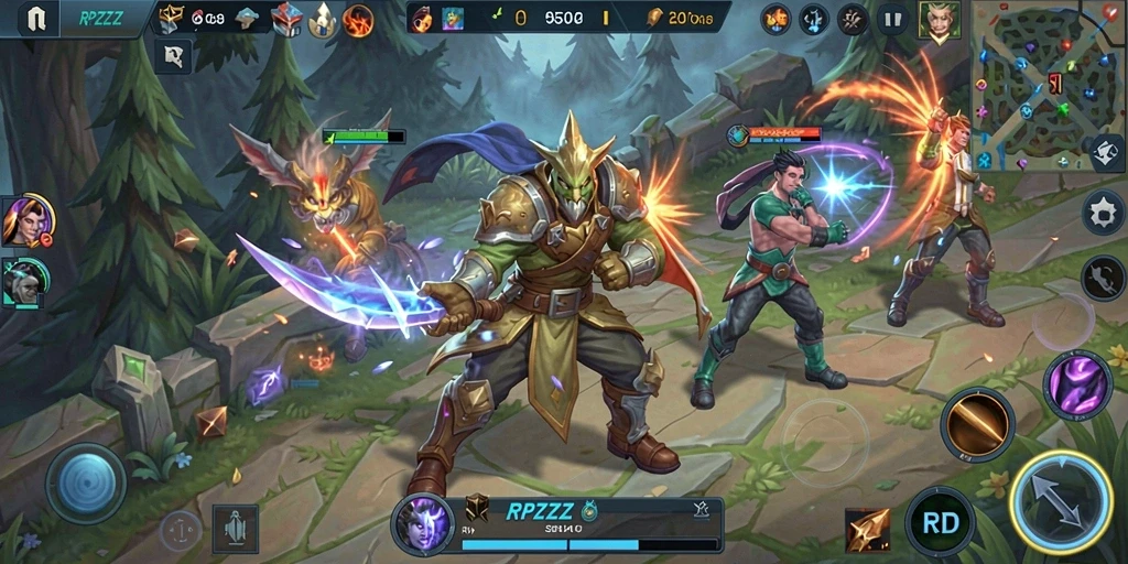 Tampilan gameplay menarik dalam pertarungan tim MOBA yang seru.