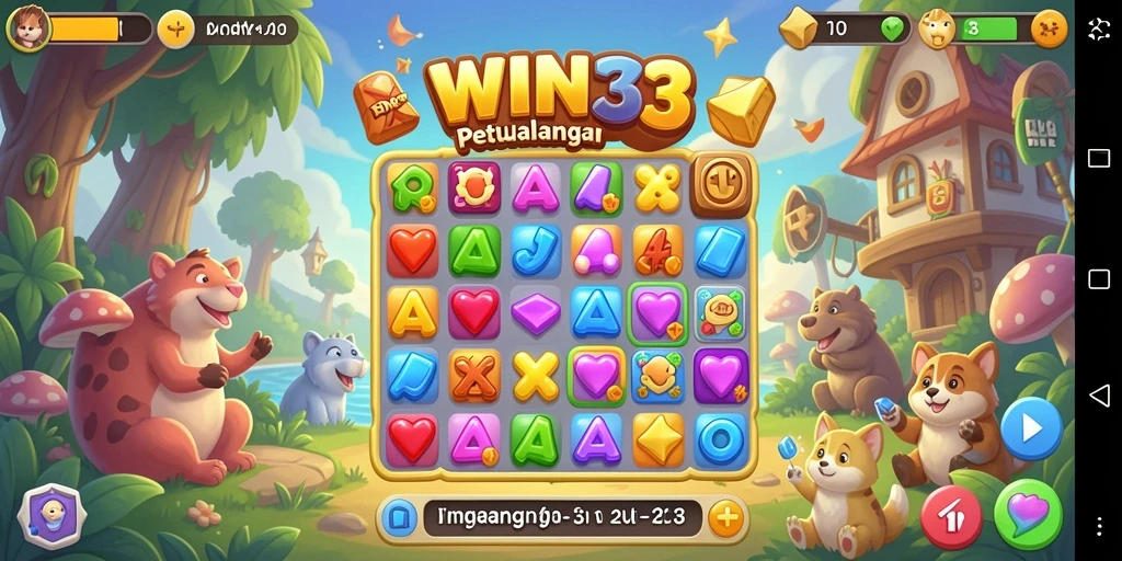 Screenshot dari gameplay WIN33 yang menampilkan kombinasi elemen Match-3 yang seru.